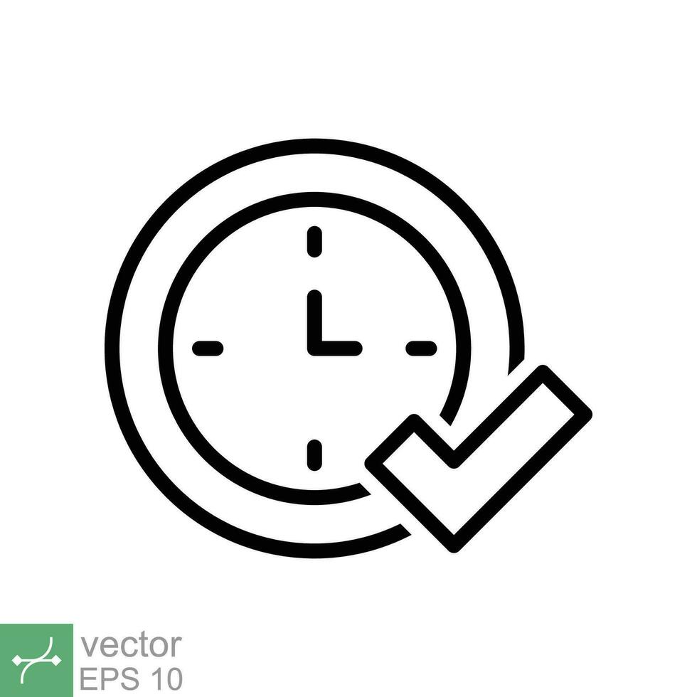 Check mark on clock icon. Simple outline style. Real time protection, perfect hour, circle watch, timer concept. Thin line vector illustration isolated on white background. EPS 10.