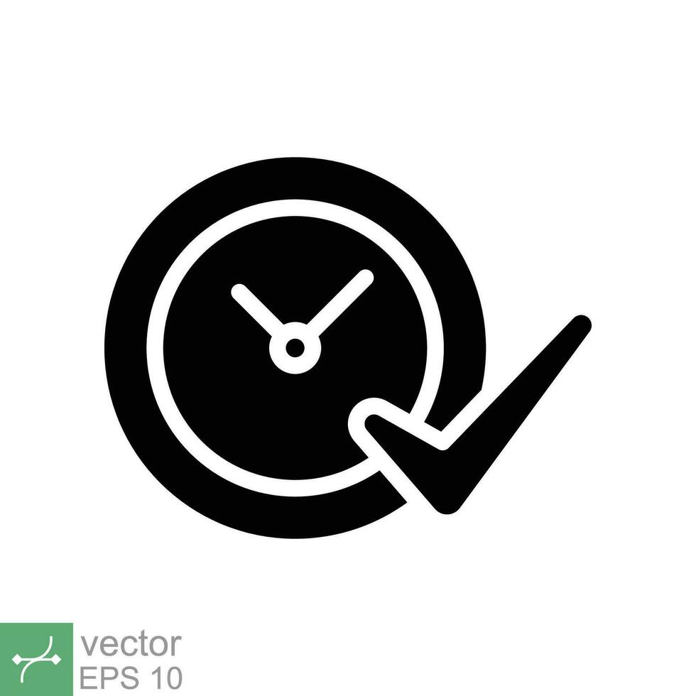 Check mark on clock icon. Simple solid style. Real time protection, perfect hour, circle watch, timer concept. Glyph vector illustration isolated on white background. EPS 10.