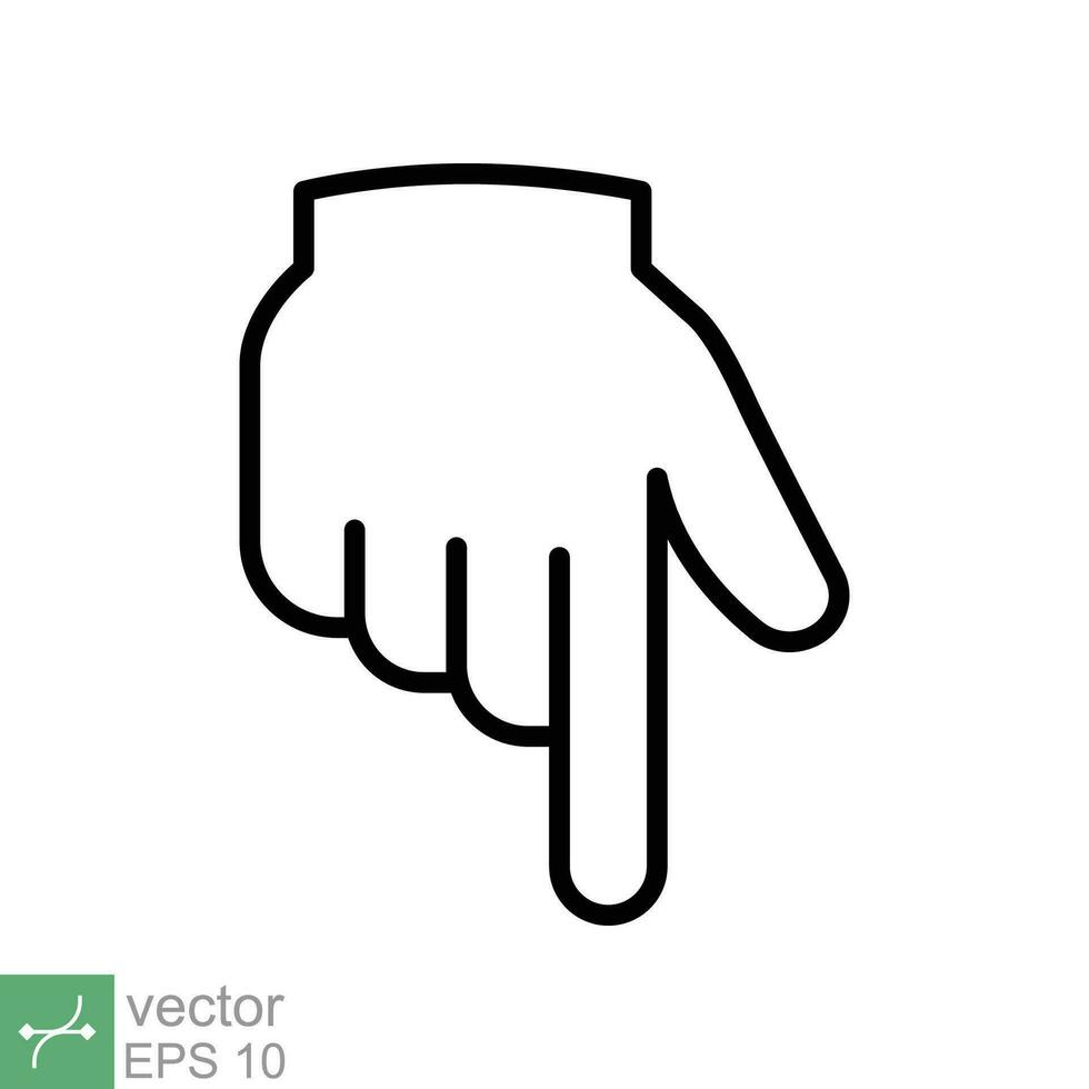 Pointing down icon. Simple outline style. Backhand index pointing down, forefinger, hand gesture pointer concept. Thin line vector illustration isolated on white background. EPS 10.