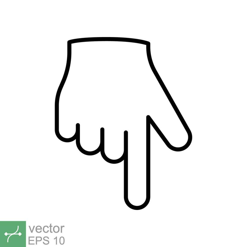 Pointing down icon. Simple outline style. Backhand index pointing down, forefinger, hand gesture pointer concept. Thin line vector illustration isolated on white background. EPS 10.