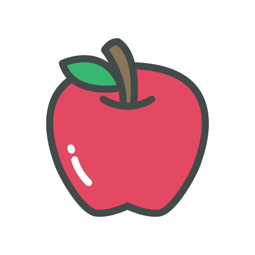 Ripe and fresh red apple fruit with single green leaf silhouette flat line color for food apps and website. Organic Fruit, vegan, vegetarian icon. Vector illustration filled outline style EPS10