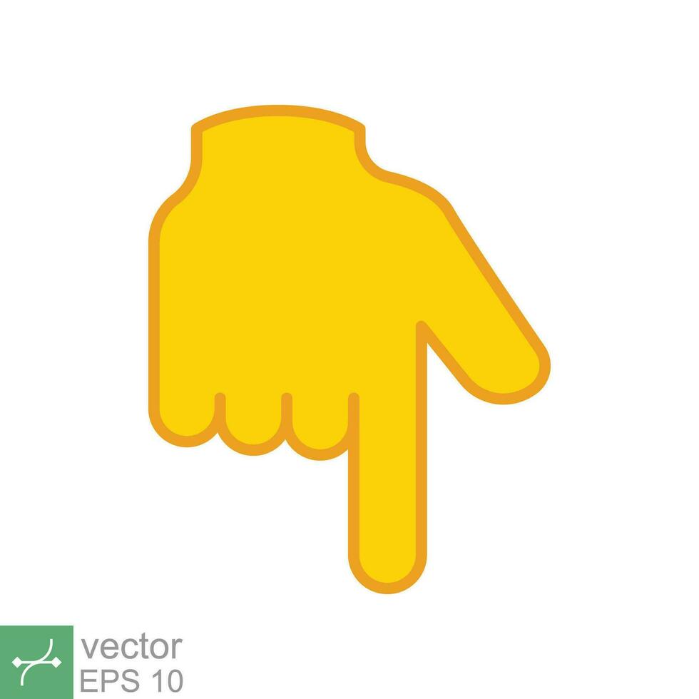 Yellow backhand index pointing down icon. Simple filled outline style. Hand, down, arrow, finger concept. Vector illustration isolated on white background. EPS 10.