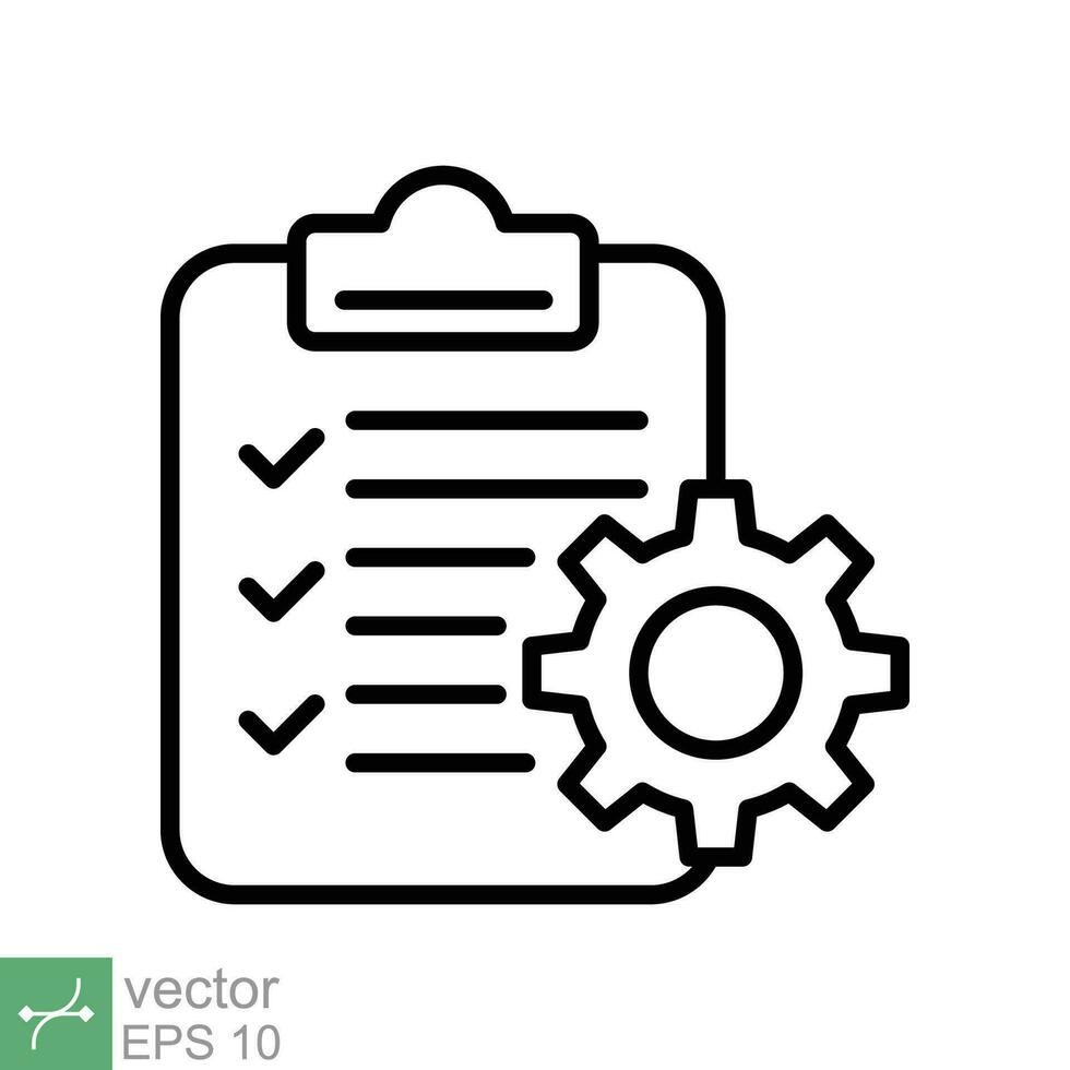 Clipboard with gear icon. Simple outline style. Project plan, document, compliant, task check list, cog, management concept. Thin line vector illustration isolated on white background. EPS 10.