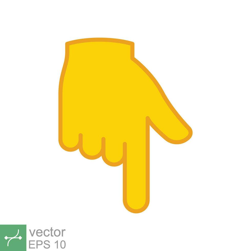 Yellow backhand index pointing down icon. Simple filled outline style. Hand, down, arrow, finger concept. Vector illustration isolated on white background. EPS 10.