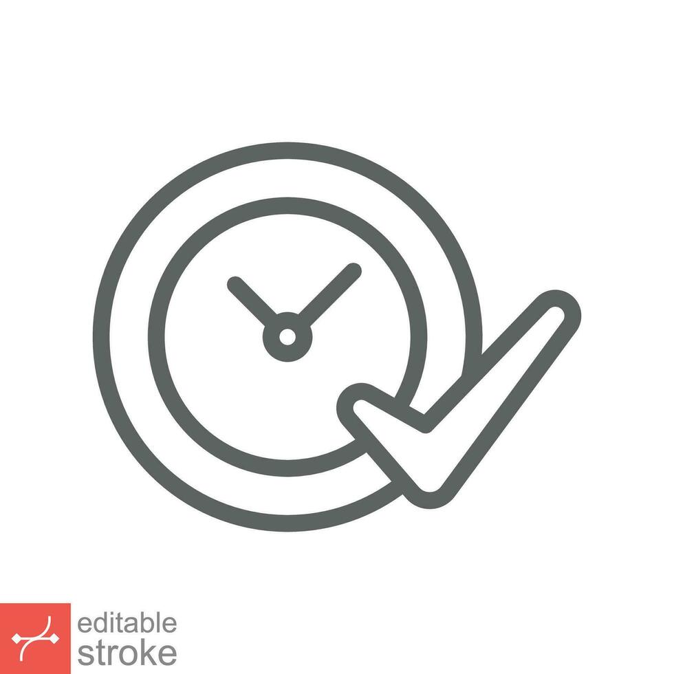 Check mark on clock icon. Simple outline style. Real time protection, perfect hour, circle watch, timer concept. Thin line vector illustration isolated on white background. Editable stroke EPS 10.