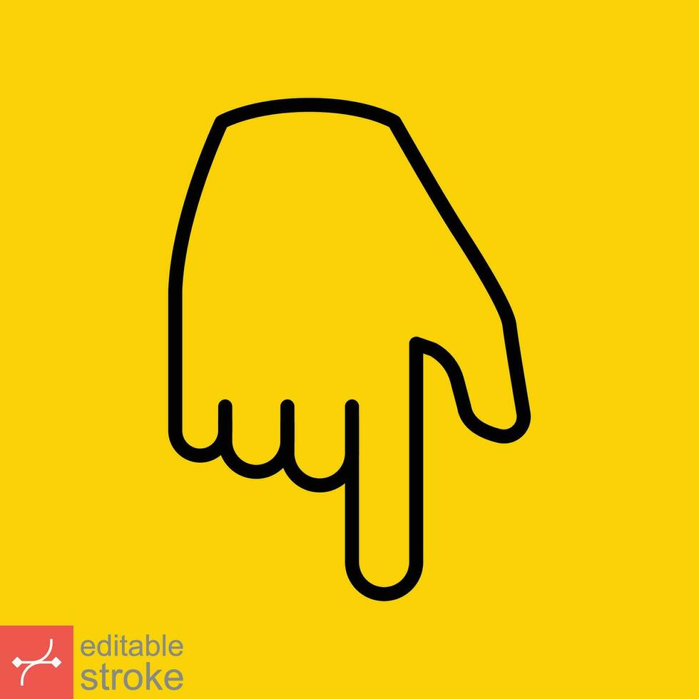 Backhand index pointing down icon. Simple outline style. Hand, down, arrow, finger concept. Thin line vector illustration isolated on yellow background. Editable stroke EPS 10.