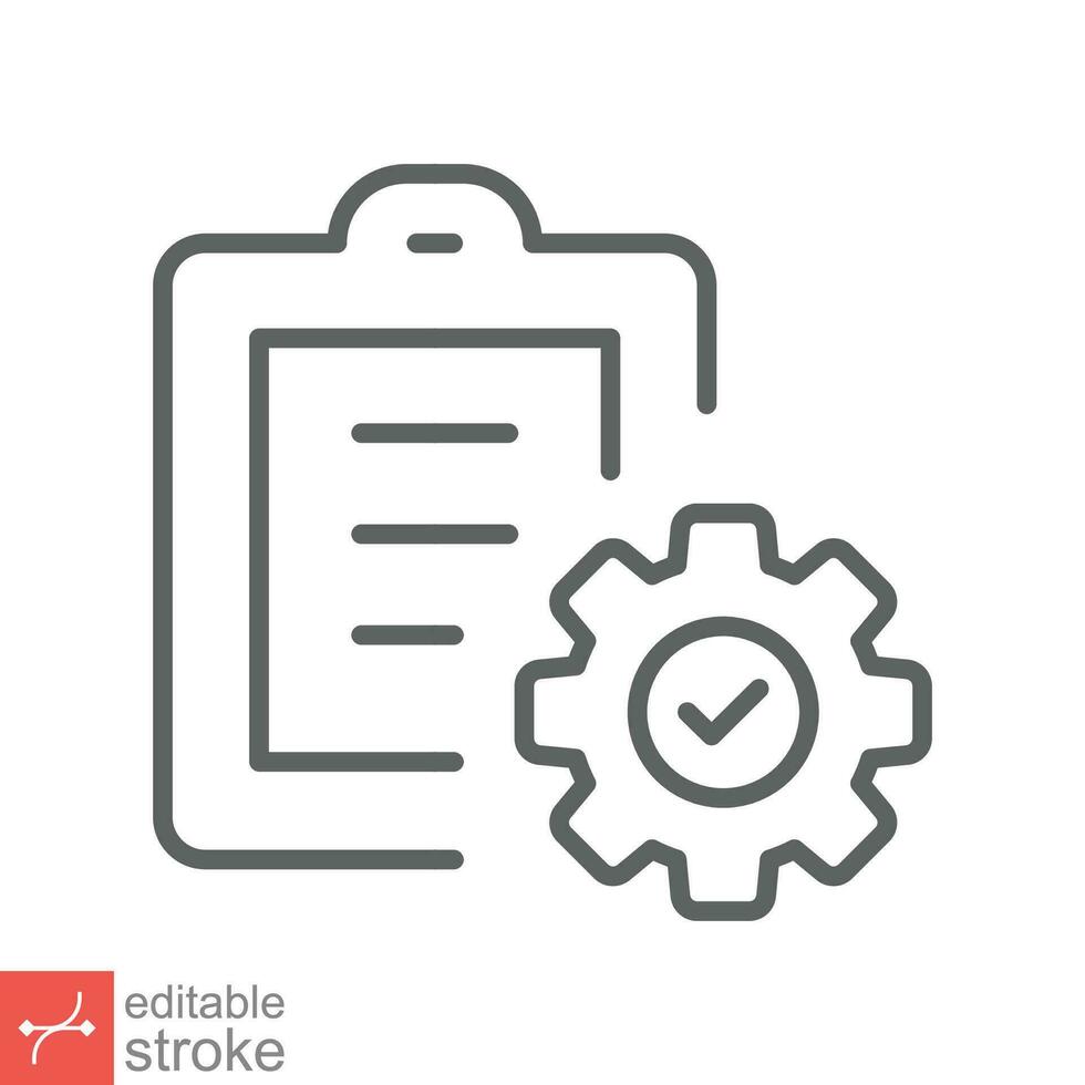 Clipboard with gear icon. Simple outline style. Project plan, document, task check list, cog, management concept. Thin line vector illustration isolated on white background. Editable stroke EPS 10.