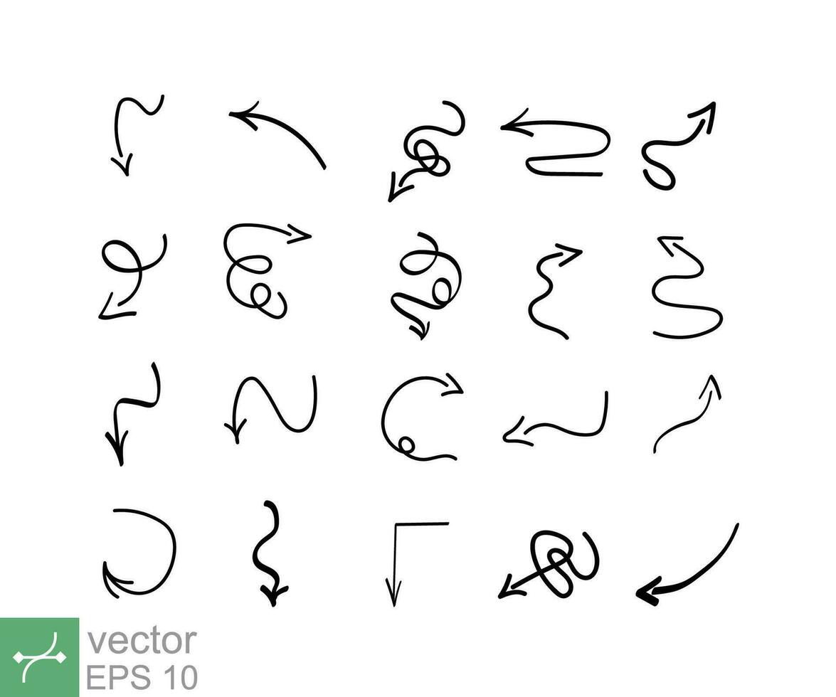 Arrow icon set. Hand drawn wavy arrows infographic elements, curly, wave, doodle, different pointers, abstract indicator. Simple flat style. Vector illustration isolated on white background. EPS 10.