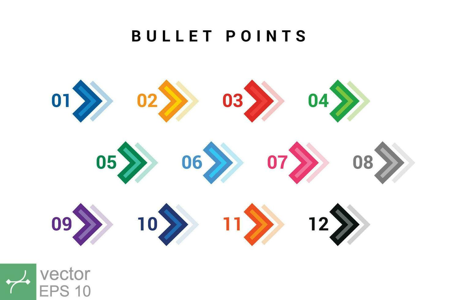 Direction number bullet points from one to twelve. Simple flat style. Number with arrow for list and tag infographic. Vector illustration isolated on white background. EPS 10.