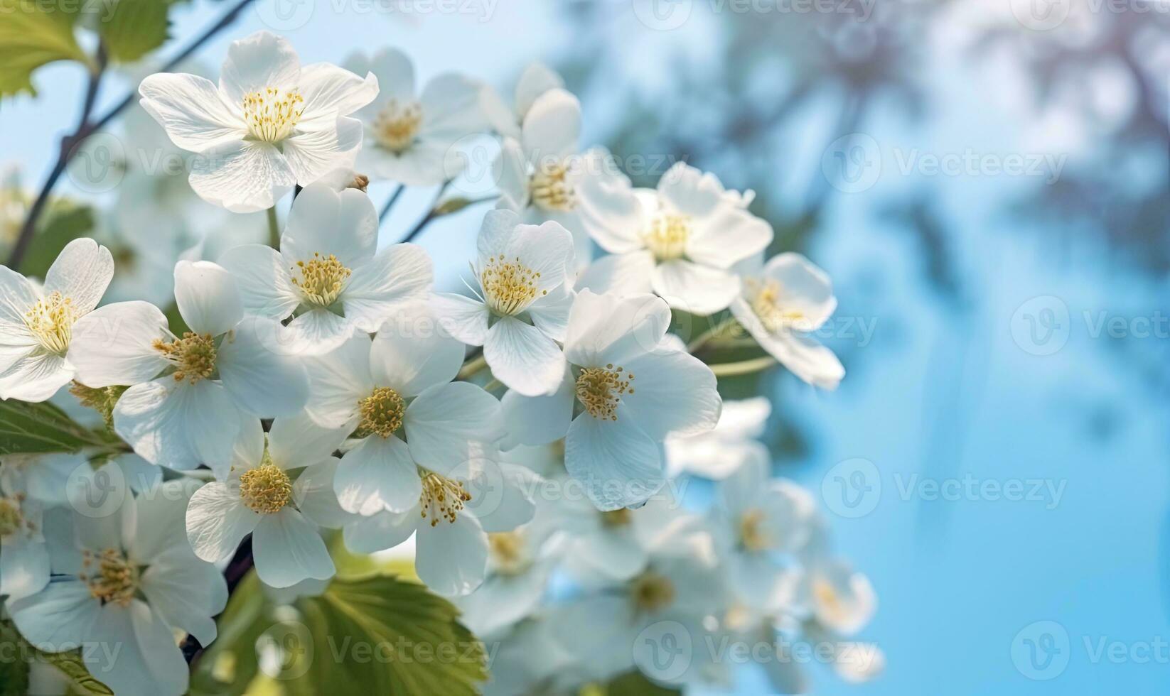 Cherry blossoms on the background of the spring sky. Fruit tree flowers wallpaper. For banner, postcard, illustration. Created with generative AI tools photo