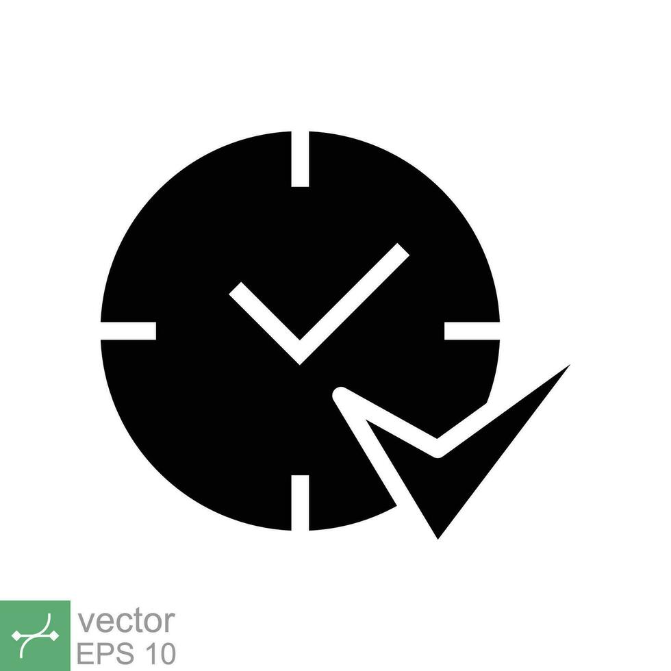 Check mark on clock icon. Simple solid style. Real time protection, perfect hour, circle watch, timer concept. Glyph vector illustration isolated on white background. EPS 10.