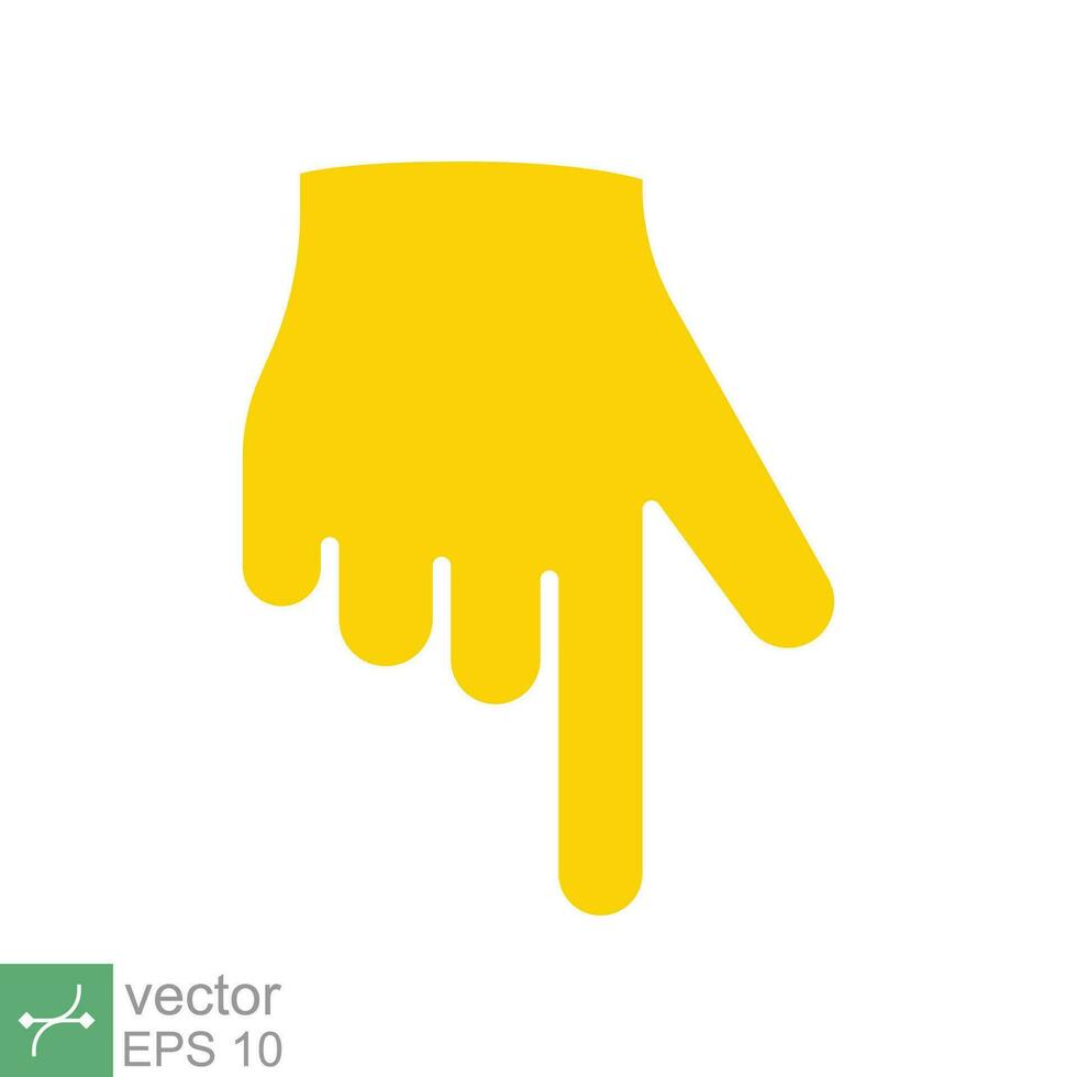 Yellow backhand index pointing down icon. Simple flat style. Hand, down, arrow, finger concept. Vector illustration isolated on white background. EPS 10.