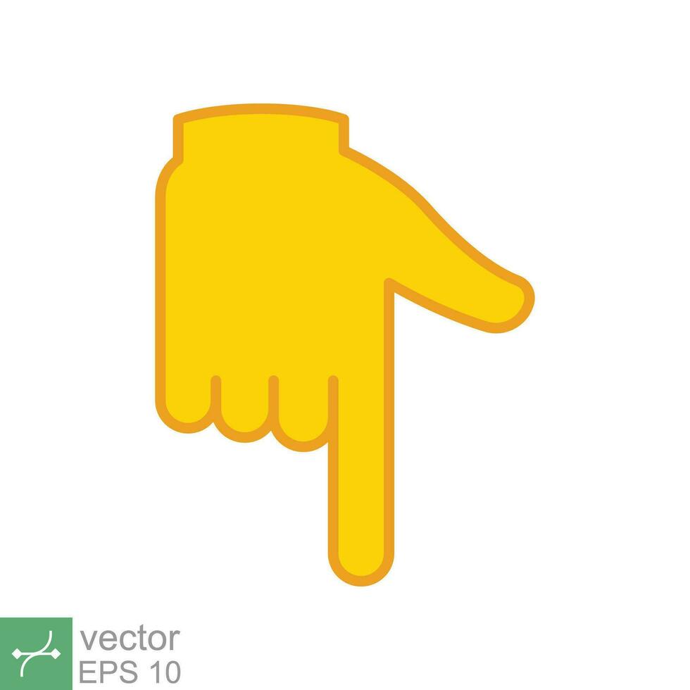 Yellow backhand index pointing down icon. Simple filled outline style. Hand, down, arrow, finger concept. Vector illustration isolated on white background. EPS 10.