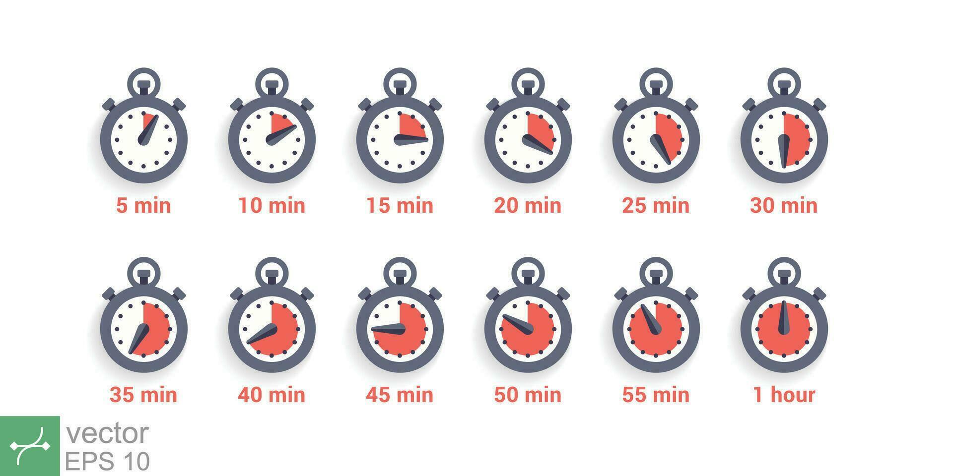 Timer, clock, stopwatch icon set. Simple flat style. Stop watch, label cooking time, chronometer, countdown concept. Vector illustration isolated on white background. EPS 10.