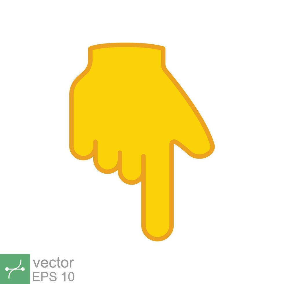 Yellow backhand index pointing down icon. Simple filled outline style. Hand, down, arrow, finger concept. Vector illustration isolated on white background. EPS 10.