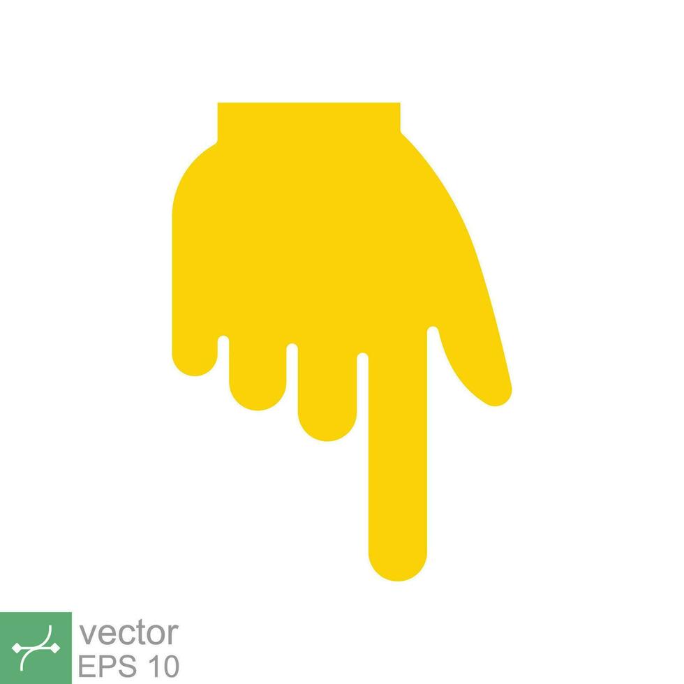 Yellow backhand index pointing down icon. Simple flat style. Hand, down, arrow, finger concept. Vector illustration isolated on white background. EPS 10.