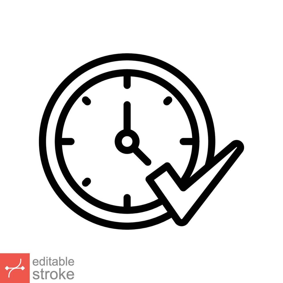 Check mark on clock icon. Simple outline style. Real time protection, perfect hour, circle watch, timer concept. Thin line vector illustration isolated on white background. Editable stroke EPS 10.