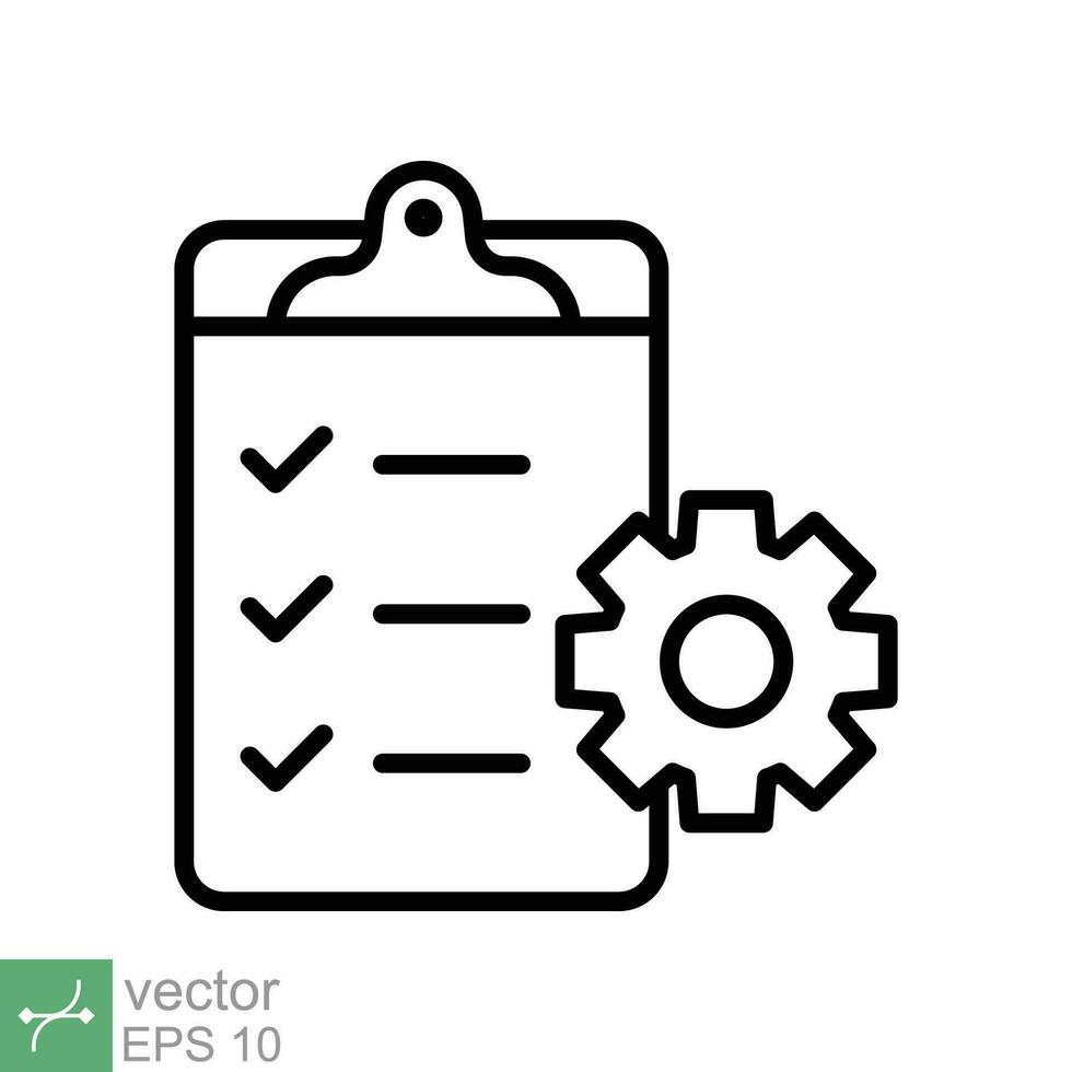 Clipboard with gear icon. Simple outline style. Project plan, document, compliant, task check list, cog, management concept. Thin line vector illustration isolated on white background. EPS 10.