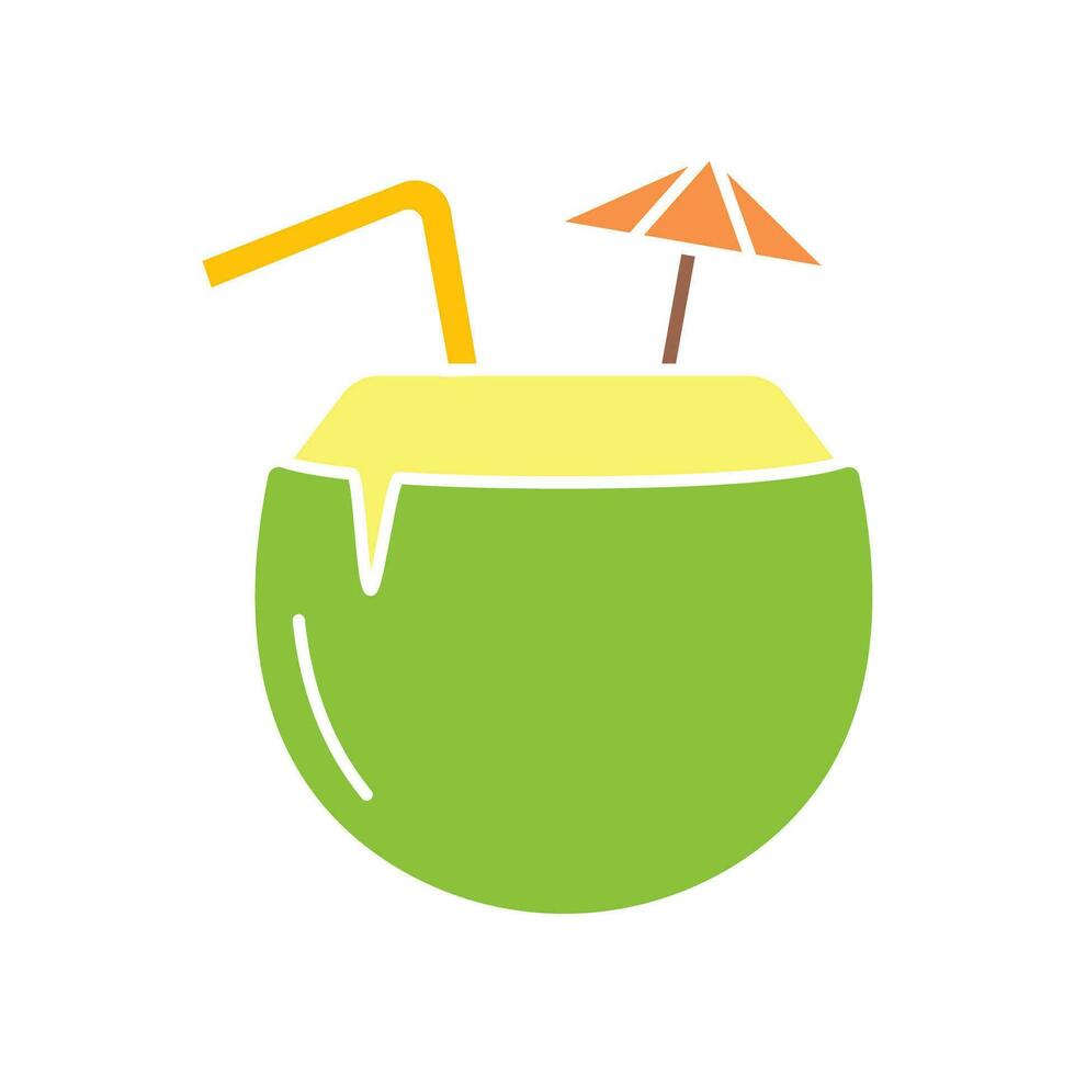 Coconut cocktail with umbrella and straw. Summer cocktail coconut milk drink juice with garnish. Fresh coco milk beverage in beach vacation icon. Vector illustration filled outline style. EPS10