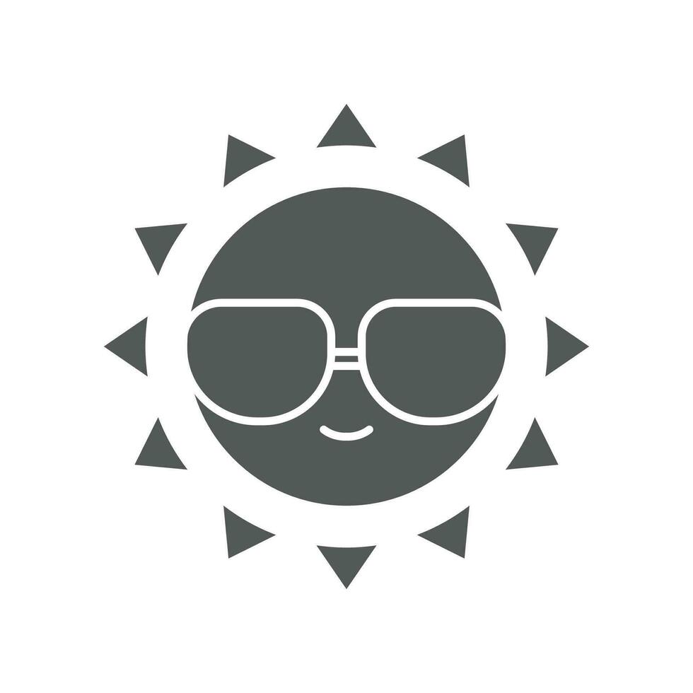 Happy summer Cheerful sun character with sunglasses in tropical island. Yellow smiling summer sun in glasses. Heat, hot, sunlight, vacation icon. Vector illustration solid, glyph style. EPS 10