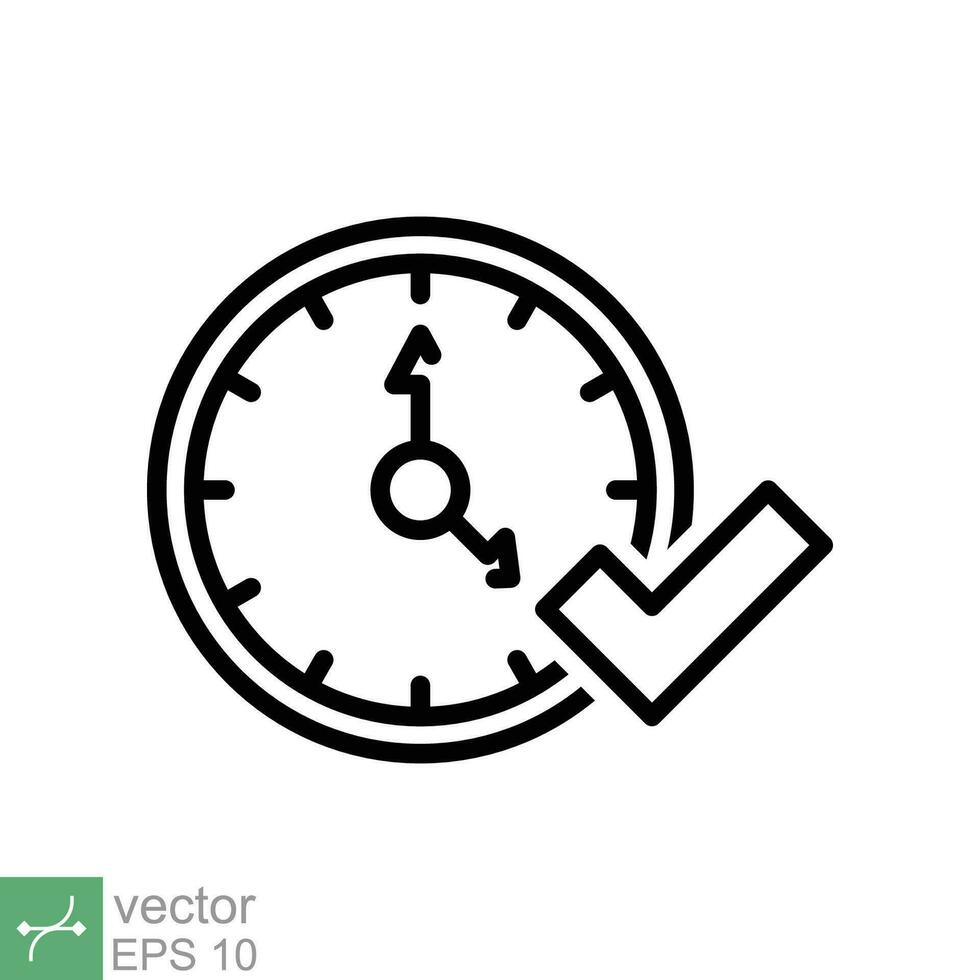 Check mark on clock icon. Simple outline style. Real time protection, perfect hour, circle watch, timer concept. Thin line vector illustration isolated on white background. EPS 10.