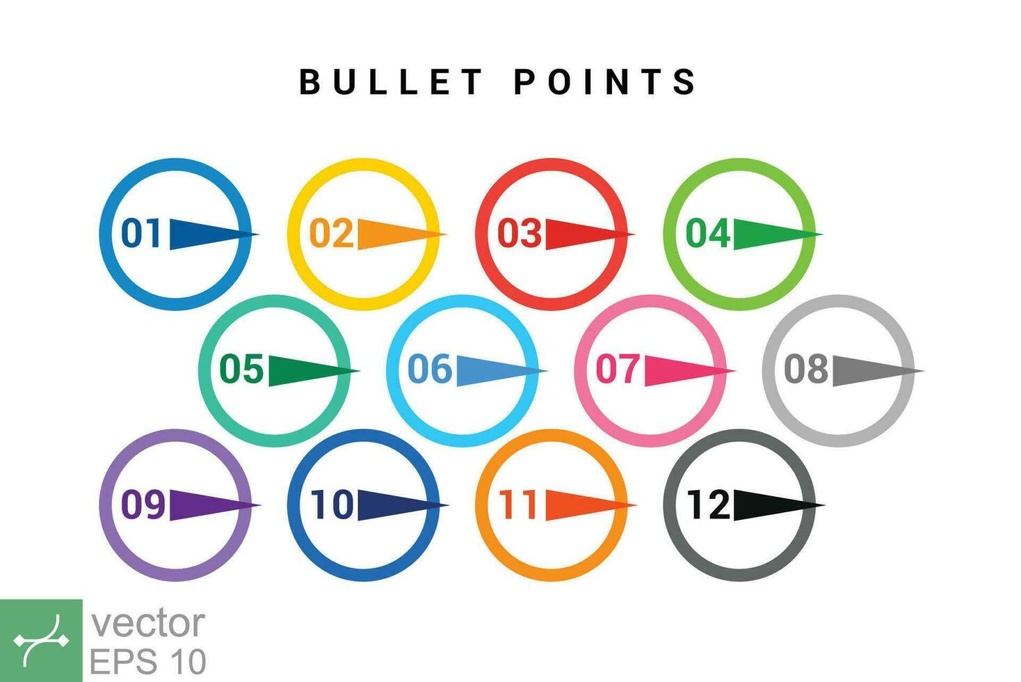 Direction number bullet points from one to twelve. Simple flat style. Number with arrow for list and tag infographic. Vector illustration isolated on white background. EPS 10.