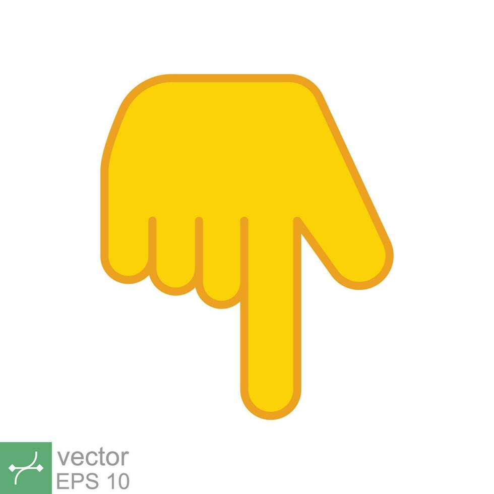 Yellow backhand index pointing down icon. Simple filled outline style. Hand, down, arrow, finger concept. Vector illustration isolated on white background. EPS 10.