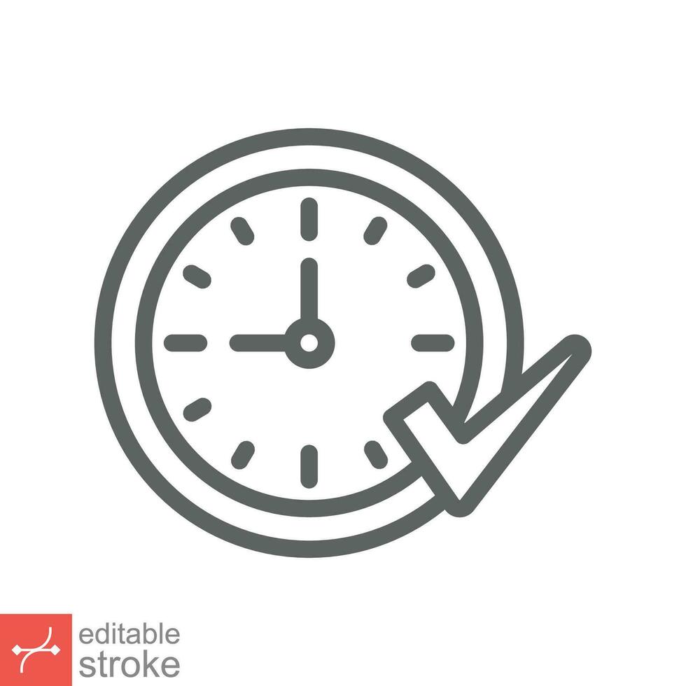 Check mark on clock icon. Simple outline style. Real time protection, perfect hour, circle watch, timer concept. Thin line vector illustration isolated on white background. Editable stroke EPS 10.