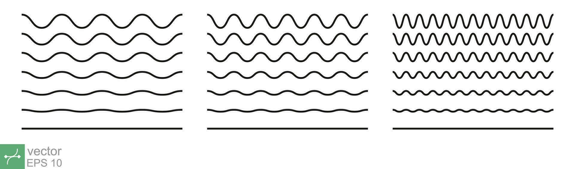 Squiggle, zigzag line pattern. Wiggly, wavy, ripple, wave line, black underlines, smooth and squiggly horizontal curvy squiggles. Vector illustration isolated on white background. EPS 10.