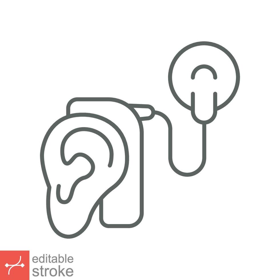 Cochlear implant icon. Simple outline style. Cybernetics, human ear with electronic device, technology, medical concept. Line vector illustration isolated on white background. Editable stroke EPS 10.