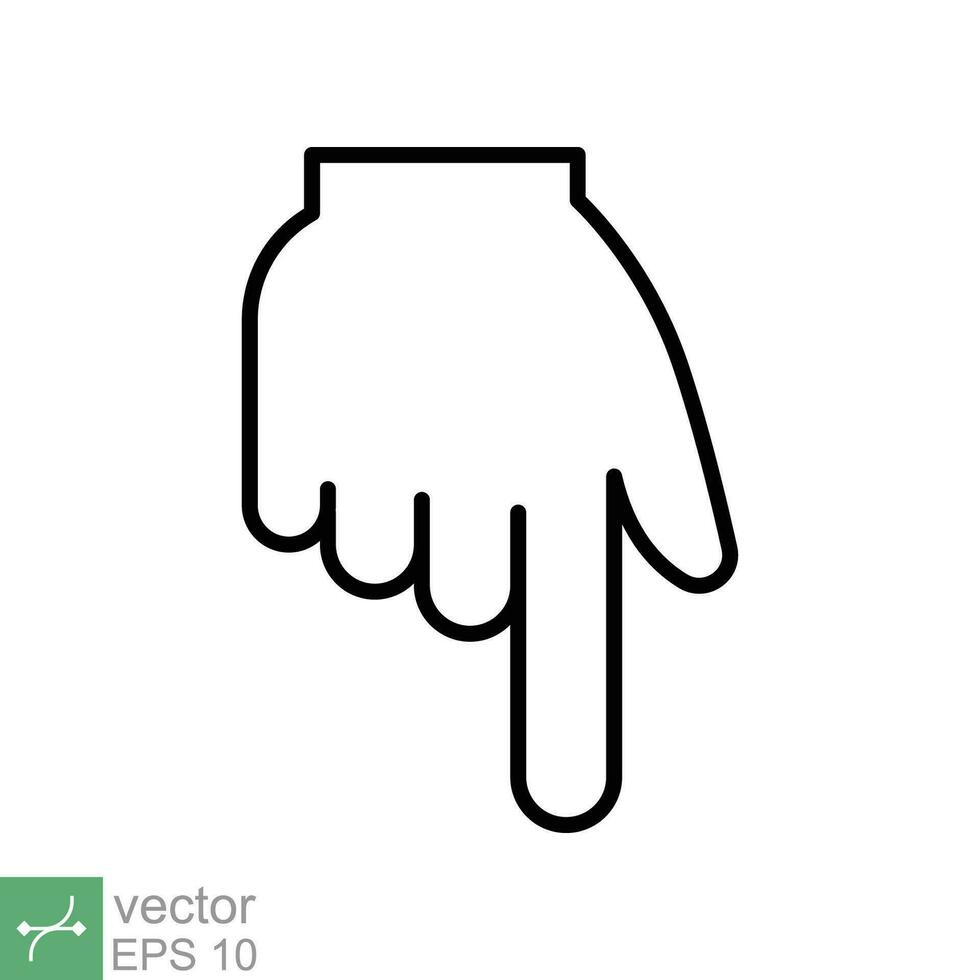 Pointing down icon. Simple outline style. Backhand index pointing down, forefinger, hand gesture pointer concept. Thin line vector illustration isolated on white background. EPS 10.