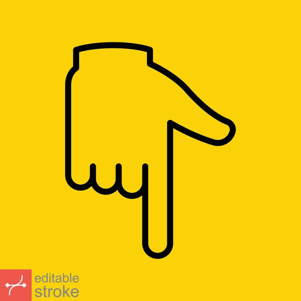 Backhand index pointing down icon. Simple outline style. Hand, down, arrow, finger concept. Thin line vector illustration isolated on yellow background. Editable stroke EPS 10.