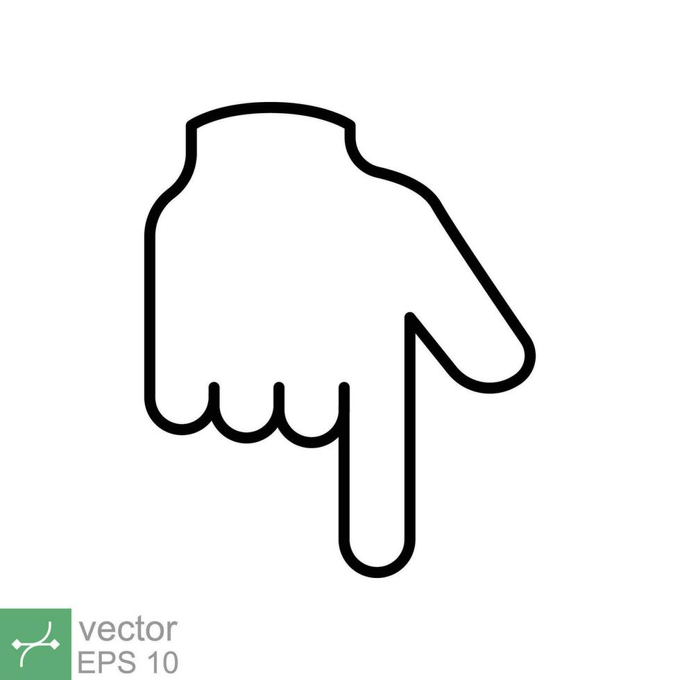 Pointing down icon. Simple outline style. Backhand index pointing down, forefinger, hand gesture pointer concept. Thin line vector illustration isolated on white background. EPS 10.