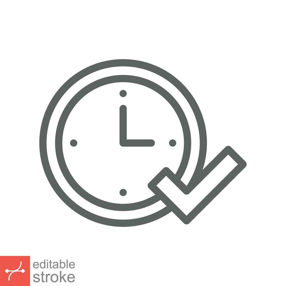 Check mark on clock icon. Simple outline style. Real time protection, perfect hour, circle watch, timer concept. Thin line vector illustration isolated on white background. Editable stroke EPS 10.