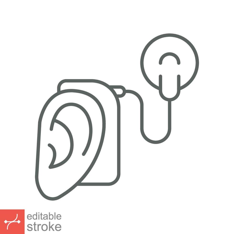 Cochlear implant icon. Simple outline style. Cybernetics, human ear with electronic device, technology, medical concept. Line vector illustration isolated on white background. Editable stroke EPS 10.