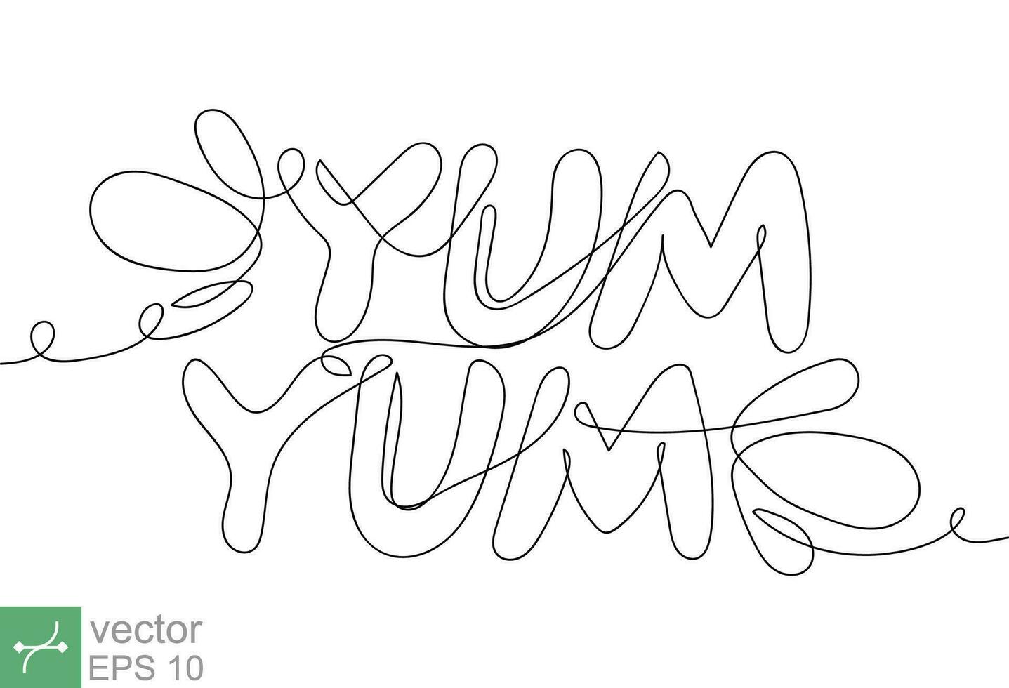 Yum yum text icon. Yummy tasty food design doodle logo text. Printable graphic tee. Continuous line art drawing. Vector illustration EPS 10.