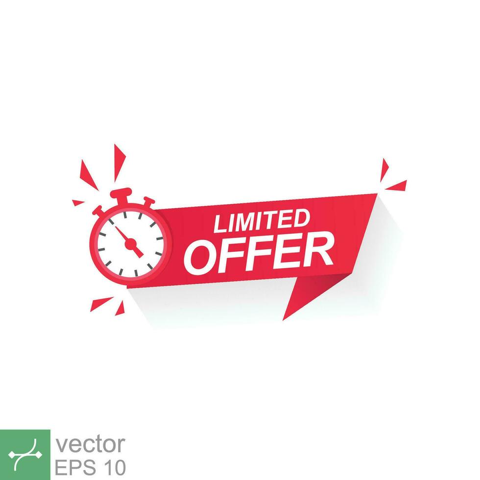 Red limited offer with clock for promotion, banner, price, sale. Label countdown time for exclusive deal, last chance. Alarm clock with limited offer isolated background. Vector illustration EPS 10.