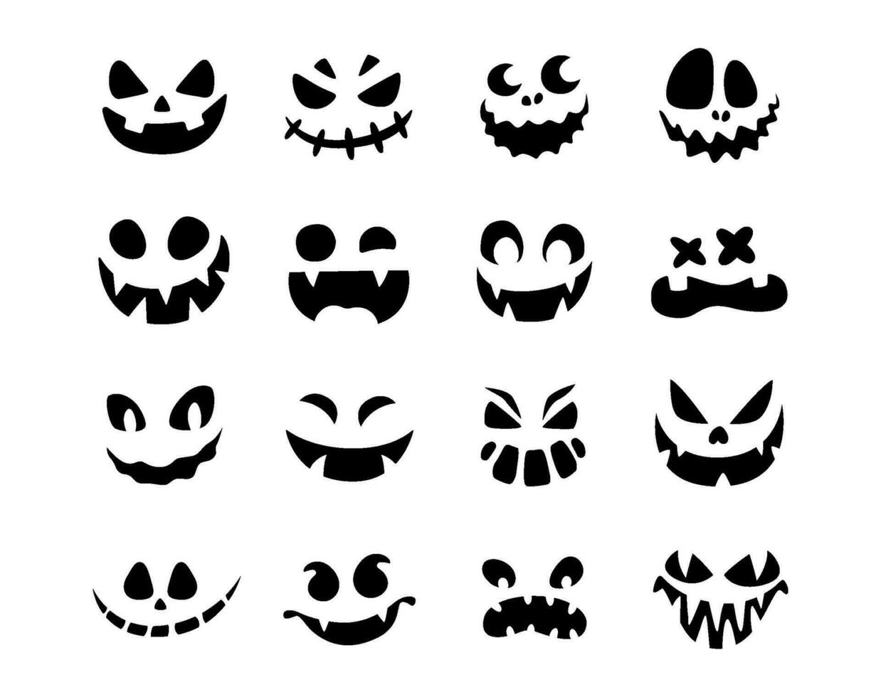 conjunto de Víspera de Todos los Santos calabazas caras siluetas, vector