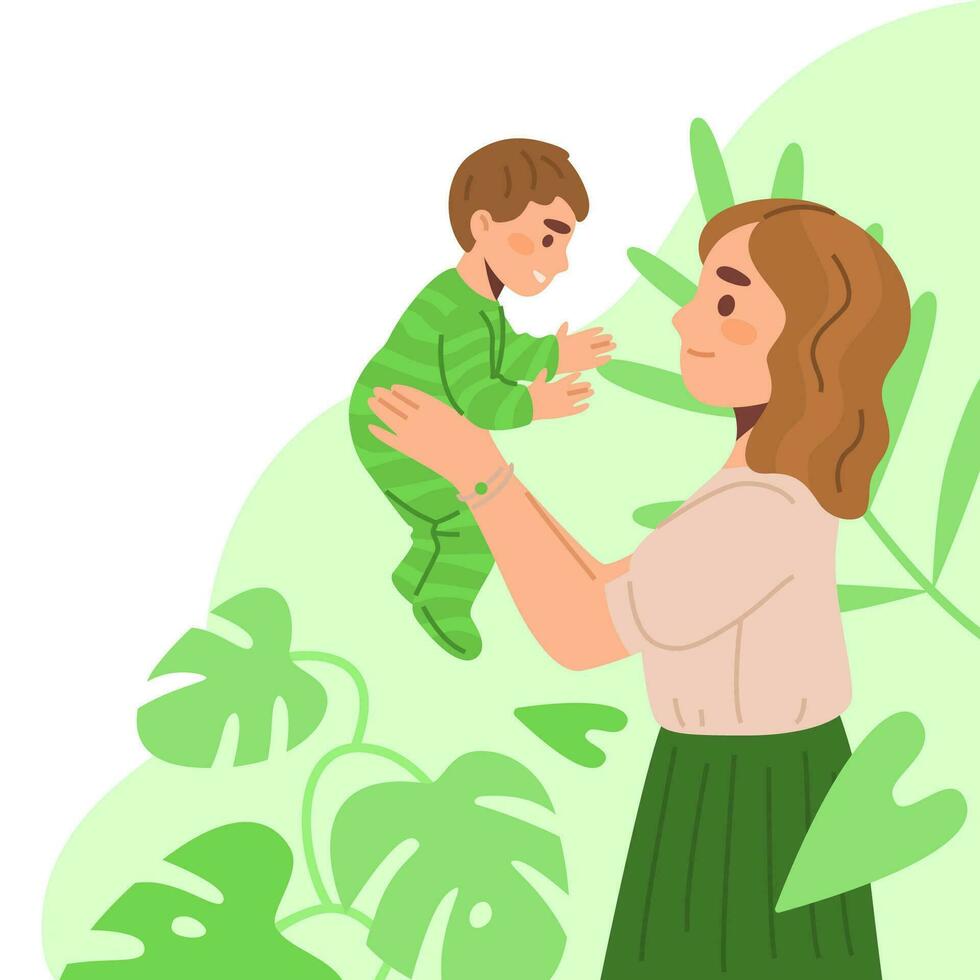 Young woman holding baby girl in her hands and looking at her against the background of indoor plants. vector