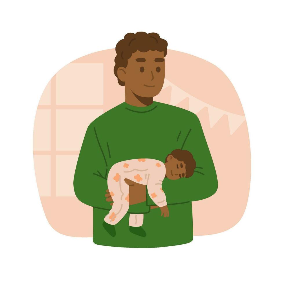 Happy black father holding his newborn baby caring and nursing him in hands. vector