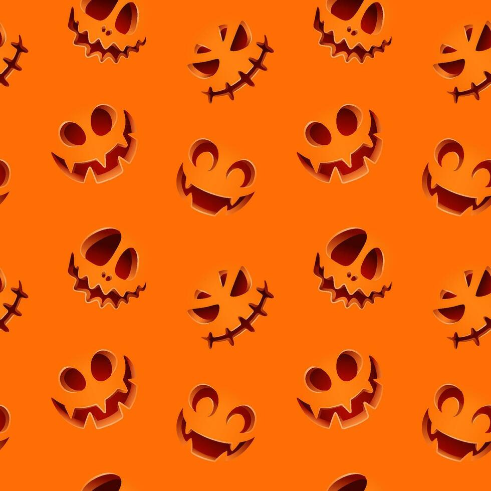 Seamless pattern with orange background and carved pumpkin faces. vector