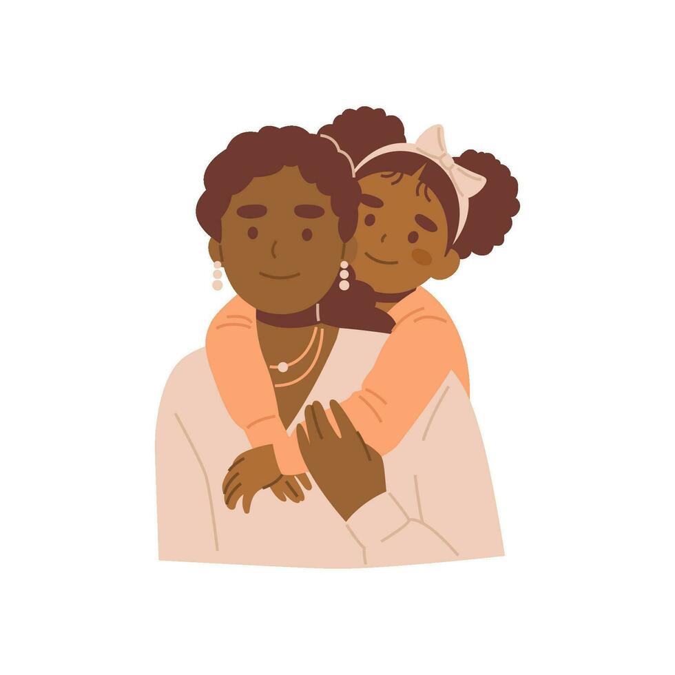 negro niña abrazando mamá desde estar detrás, plano vector ilustración.