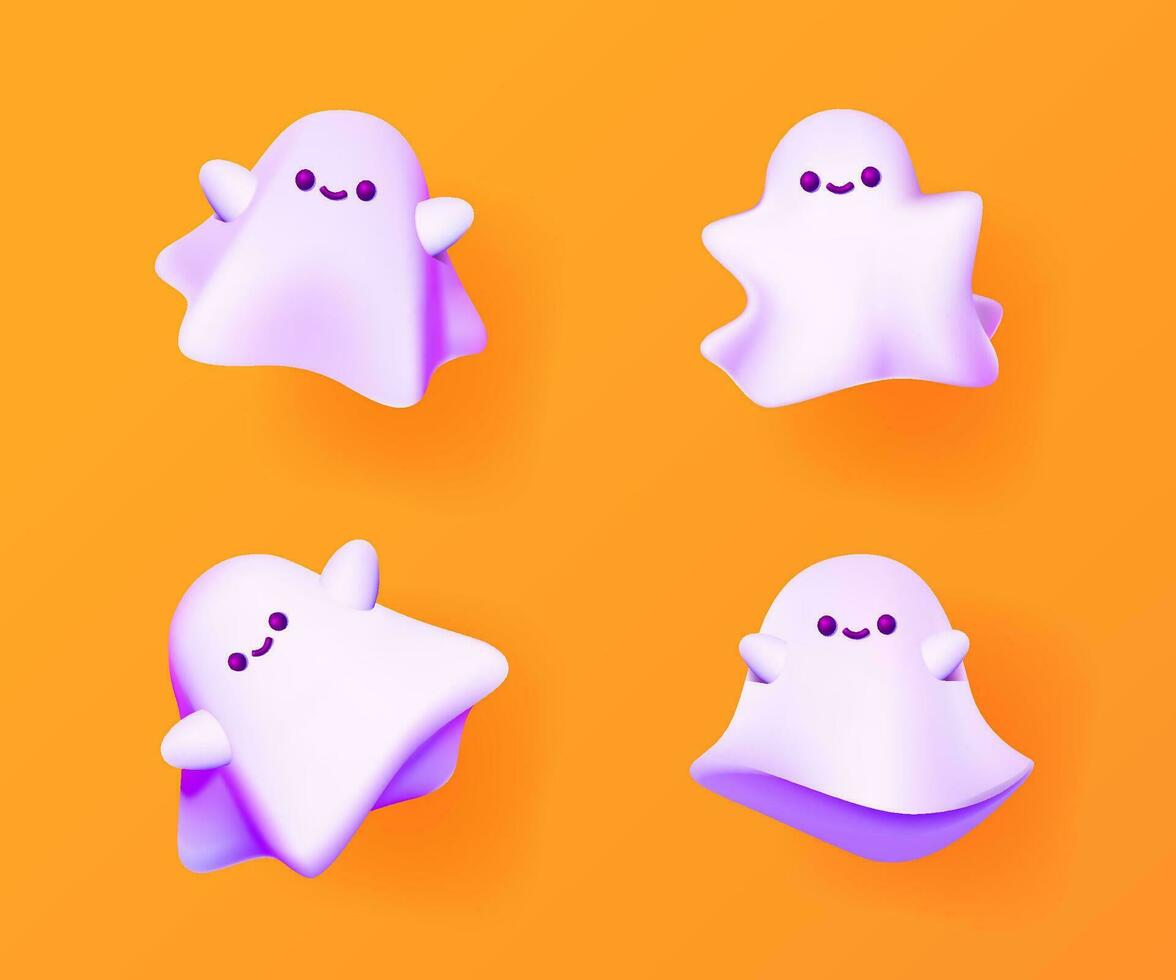 Set of cute smiling 3D ghosts on an orange background. vector