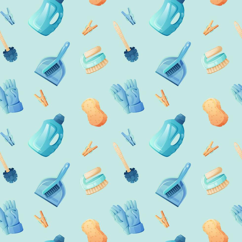 Cleaning tools seamless pattern on a blue background. vector