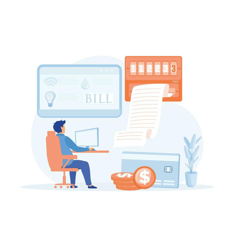 Home energy efficiency audit concept. Person checks heating meter and pays household utility bill on website.  flat vector modern illustration