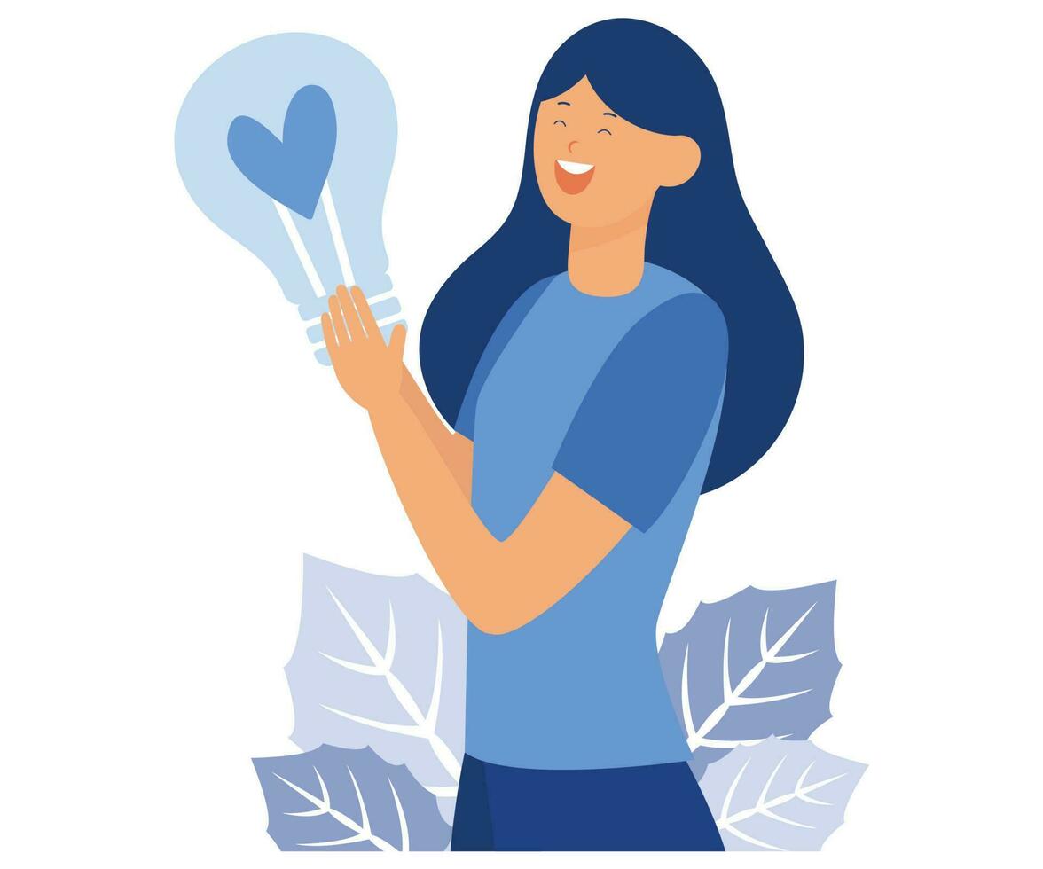 Business idea concept. Employee with lightbulb. Creative woman finding solution, answer at work with light bulb. Happy manager and innovation, flat vector modern illustration