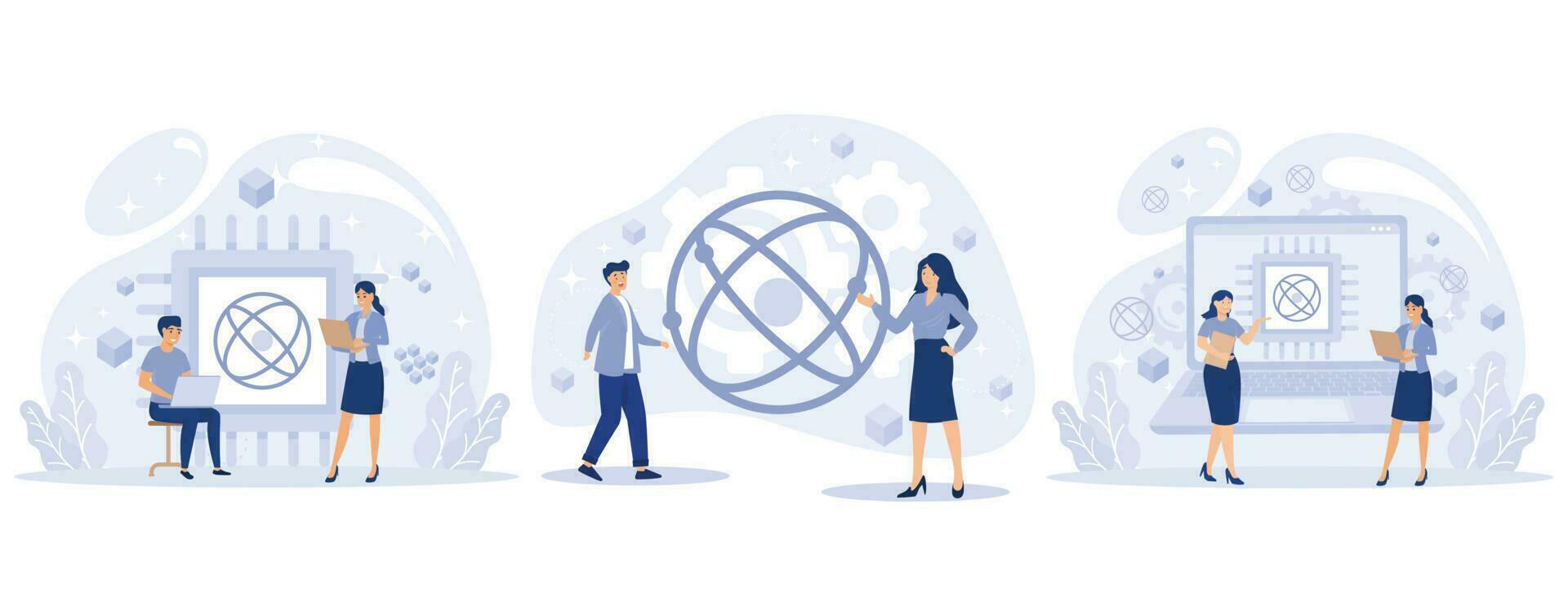 Quantum computing concept. Optical technology, photonics research. Tiny people engineers and scientists working with quantum computer chip, set flat vector modern illustration