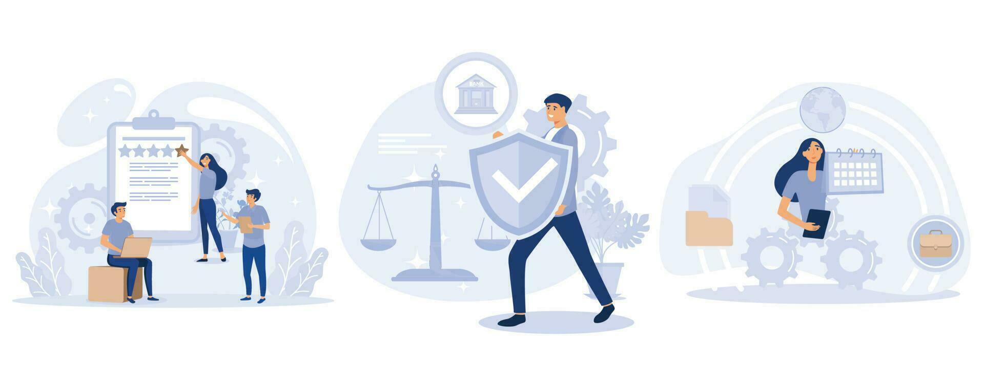 Employee performance concept, Quality work, accountability and discipline, experienced worker, leadership role, legal liability, action and decision, set flat vector modern illustration