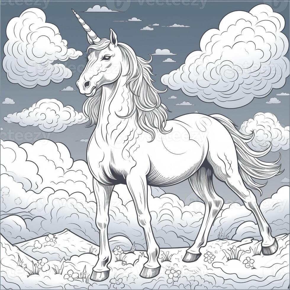 Unicorn Coloring Page - Line Art Style photo