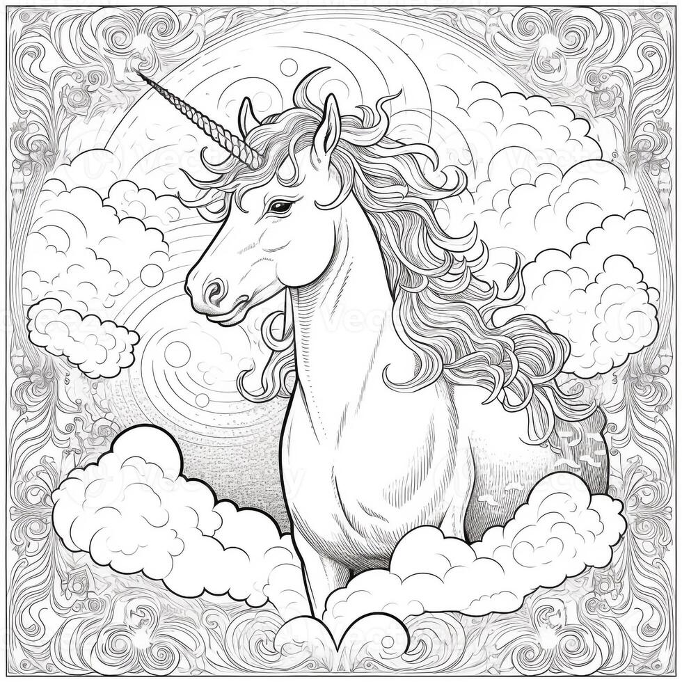 Unicorn Coloring Page - Line Art Style photo